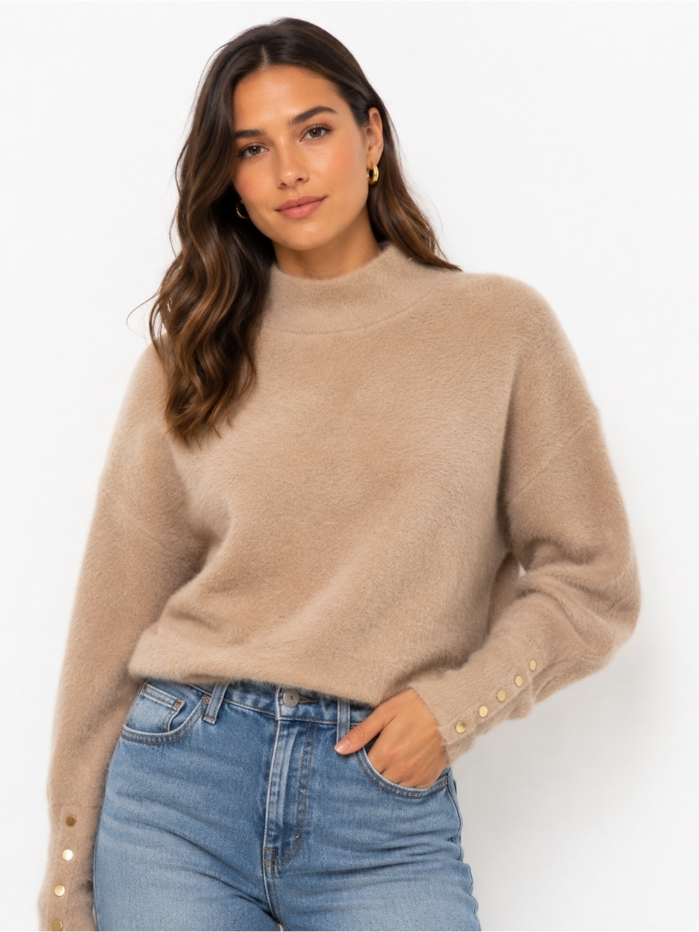 Cozy Bailey 44 Fuzzy Mock Neck Sweater Medium Beige Gold Button Sleeve Soft Knit